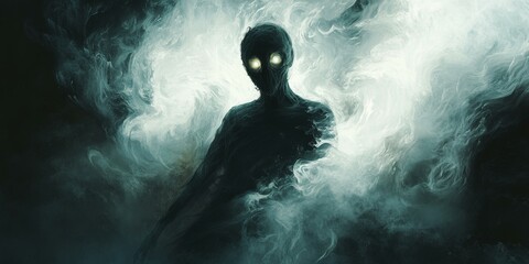 Obraz premium A shadowy figure with glowing eyes emerges from swirling smoke.