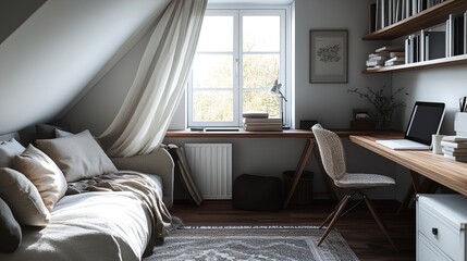 Fototapeta premium Transform Your Attic: A Multifunctional Lounge and Home Office with Cozy Daybed, Foldable Desk, and Storage Shelves - Perfect as a Home Decor Poster for Modern Interiors!