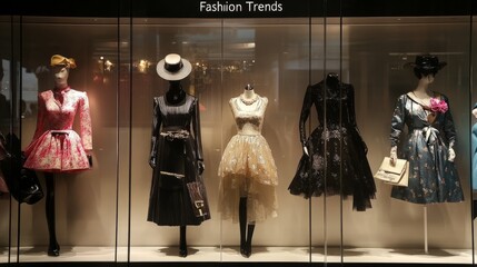 Fashion Trends   Mannequins Displaying Vintage Dresses in a Window Display