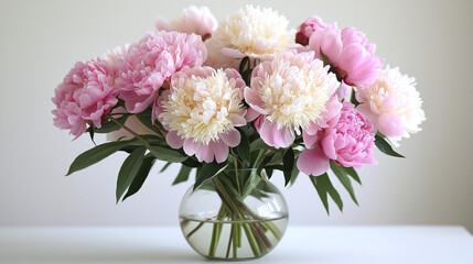 Fototapeta premium A detailed photo of a pastel-colored bouquet of peonies, placed in a simple glass vase on a white table