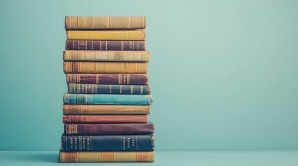 A stack of vintage books arranged neatly against a light blue background.