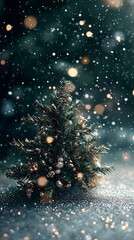 mobile wallpaper tinsel foil Christmas tree decorations on a dark green background with falling snowflakes, silver confetti, bright holographic shine 