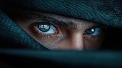 Intense close-up of a secret agent's eyes, reflecting dangerous encrypted codes, with a tense atmosphere