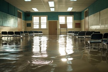 Classroom flooded with water, gray floor, white walls. Low-angle shot emphasizes ceiling height, natural light through windows. Bulletin board filled with papers, announcements on right side of desk.