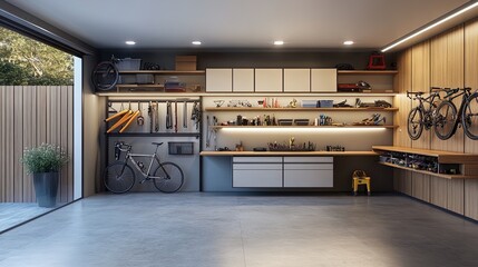 Transform Your Space: Multifunctional Garage Design with Foldable Workbench, Tool Storage, Bike Rack & Cozy Seating – Perfect for a Sports Room or Workshop Poster!