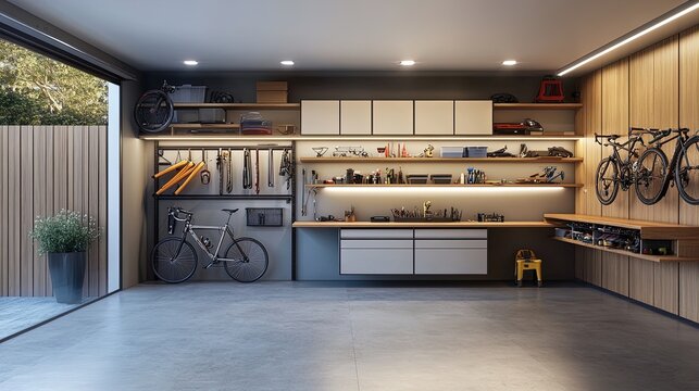 Transform Your Space: Multifunctional Garage Design with Foldable Workbench, Tool Storage, Bike Rack & Cozy Seating &ndash; Perfect for a Sports Room or Workshop Poster!