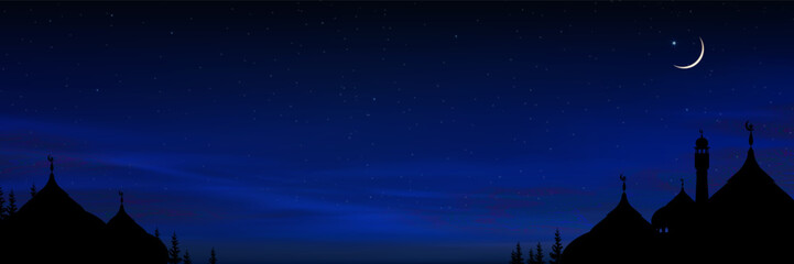 Sky Night,Ramadan Kareem Background with Crescent moon,Mosques,Star with Sunset Sky,Vector Greeting festive for symbolic of Muslim culture,Eid Mubarak,Eid al adha,Eid al fitr,Islamic new year,Muharram