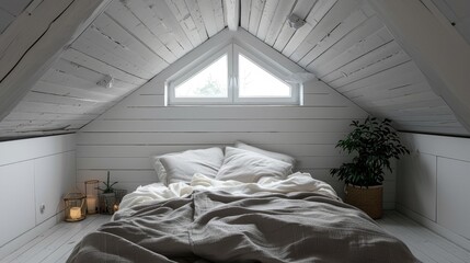 Cozy gray bed in small loft bedroom with white walls