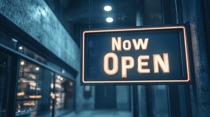 Now Open Neon Sign Hanging In Front of a Store