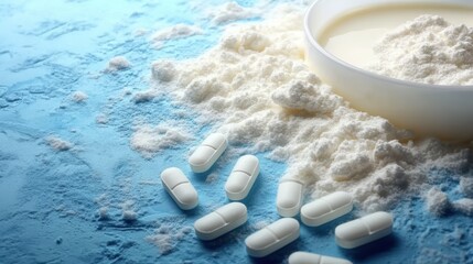 Close-up of white capsules scattered near a bowl of powder on a blue surface, highlighting pharmaceutical elements.