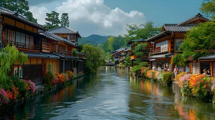 Fototapeta premium Traditional Japanese Canal Houses with Flowers - Realistic Image