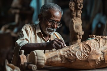 Obraz premium South Asian man crafts wooden sculpture bust at workshop table with chisel and pencil. Relaxed atmosphere with beige shirt and glasses. Studio background filled with tools and materials.