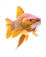 the Golden Arowana Fish, portrait view, white copy space on right, Isolated on white Background