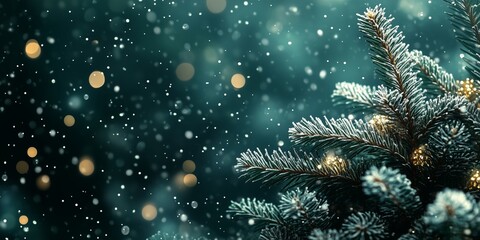 mobile wallpaper tinsel foil Christmas tree decorations on a dark green background with falling snowflakes, silver confetti, bright holographic shine 