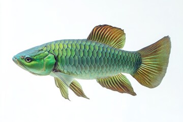 Fototapeta premium the beside view Green Arowana Fish, left side view, white copy space on right, Isolated on White Background