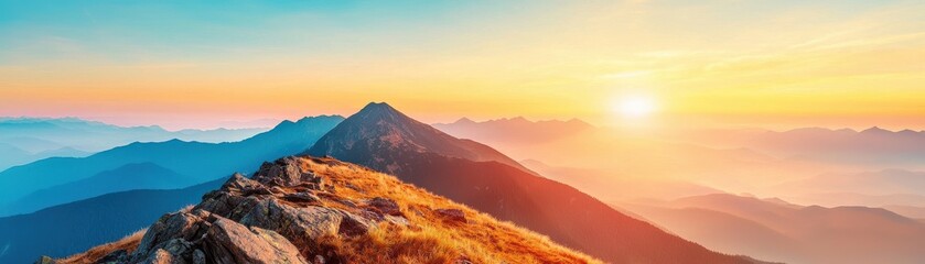 Spectacular sunrise over a mountain range, illuminating the peaks with warm hues, creating a serene and breathtaking landscape.