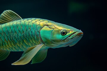 Fototapeta premium the beside view Green Arowana Fish, left side view, white copy space on right, Isolated on dark Background