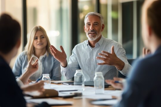 Senior business man leads meeting around table in office setting. Man with gray hair and beard gestures as he speaks to colleagues. Two women seated on either side focus on his words.