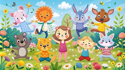 Colorful illustration of happy cartoon animals in various yoga poses, surrounded by flowers and trees, promoting fun and flexible fitness for young minds and bodies.