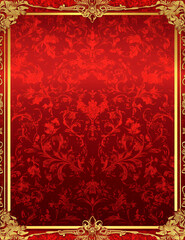 Red background with a golden floral ornament frame, vector illustration, red patterned texture background, detailed. 