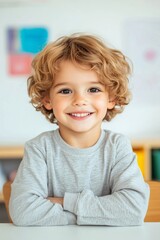 smiling little boy sitting at the table with, kindergarten classroom in the background