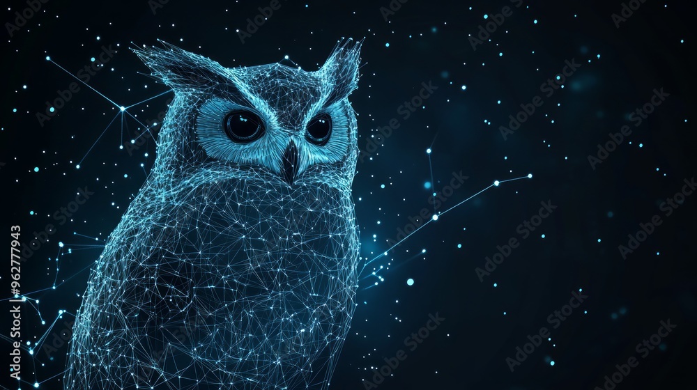 Wall mural owl isolated from low poly wireframe on dark background. wild bird of prey. vector polygonal image i