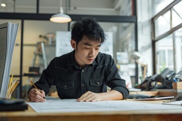 Young Asian man sketches architectural designs at modern minimalist office desk with computer monitor, lamp, and papers. Natural light pours in through window, whiteboard visible in background.