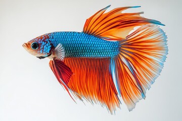 Fototapeta premium the beside view Crowntail Betta Fish, left side view, white copy space on right, Isolated on White Background