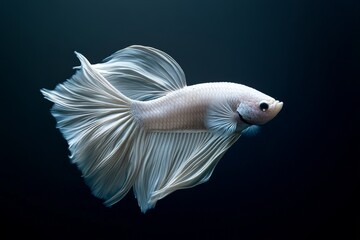 Fototapeta premium the beside view double Tail Betta Fish, left side view, white copy space on right, Isolated on dark Background
