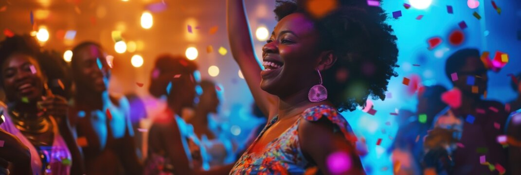 African American woman dances joyfully on nightclub dance floor surrounded by young people celebrating, colorful lights and vibrant atmosphere with confetti.