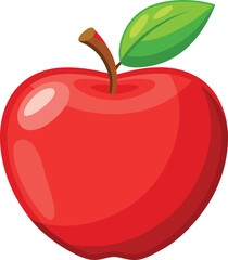 A simple, vibrant illustration of a shiny red apple with smooth curves and soft reflections on its surface. The apple has a small brown stem at the top, with a bright green leaf attached to it. The de