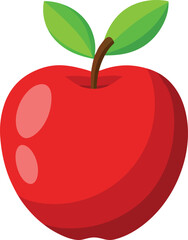 A simple, vibrant illustration of a shiny red apple with smooth curves and soft reflections on its surface. The apple has a small brown stem at the top, with a bright green leaf attached to it. The de