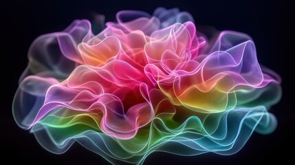 A vibrant abstract piece featuring rainbow-colored, fabric-like forms, gently flowing with soft textures, evoking a sense of fluidity and a dreamy, ethereal mood.