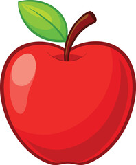 A simple, vibrant illustration of a shiny red apple with smooth curves and soft reflections on its surface. The apple has a small brown stem at the top, with a bright green leaf attached to it. The de