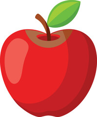 A simple, vibrant illustration of a shiny red apple with smooth curves and soft reflections on its surface. The apple has a small brown stem at the top, with a bright green leaf attached to it. The de