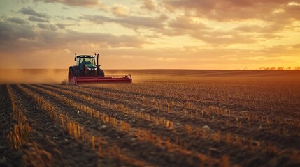 Obraz premium A tractor plowing a field at sunset, creating dust in a rural landscape.