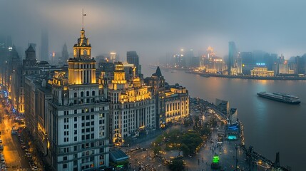 Fototapeta premium Aerial Panorama of Shanghai’s Bund, Embraced by Mist for an Ethereal and Empty Atmosphere