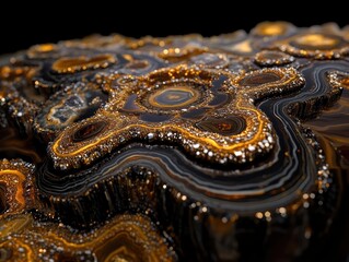 Fototapeta premium A detailed macro shot of a black and gold geode with shimmering crystal formations, showcasing intricate layers and textures.