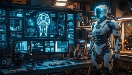 Futuristic Robot in a Sci-Fi Control Room with Monitors Displaying Data - 3D Illustration