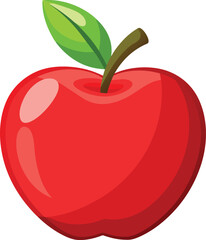 A simple, vibrant illustration of a shiny red apple with smooth curves and soft reflections on its surface. The apple has a small brown stem at the top, with a bright green leaf attached to it. The de