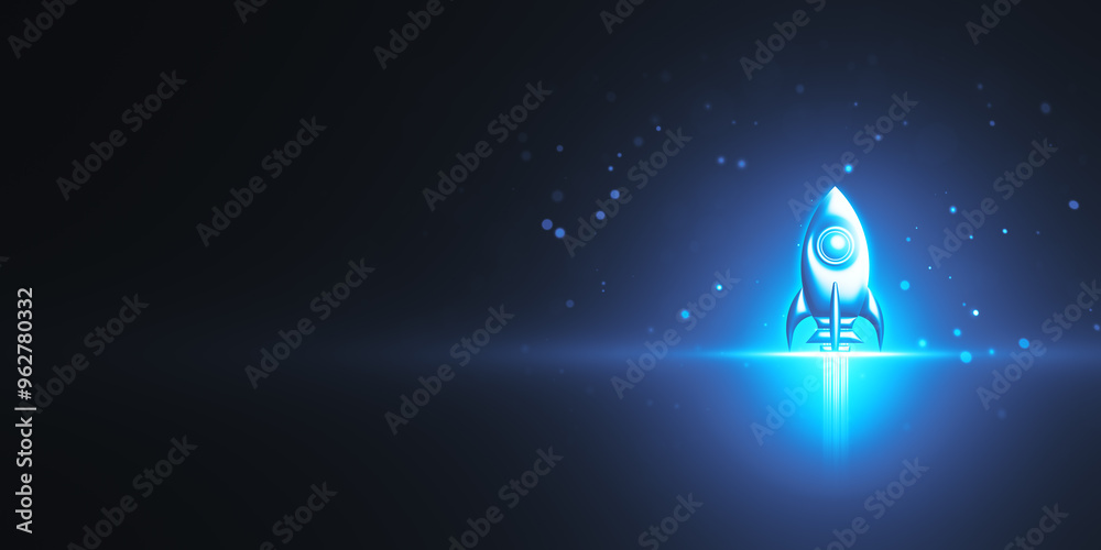 Poster Futuristic Rocket Launch Symbol on Dark Background. 3D Rendering