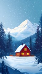 Naklejka premium Winter Cabin in Snowy Mountains Illustration