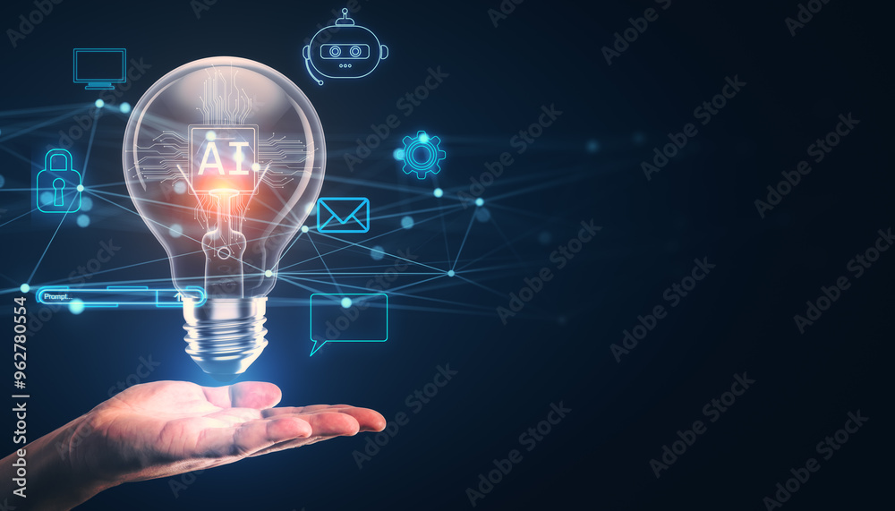 Poster hand presenting a glowing lightbulb with 