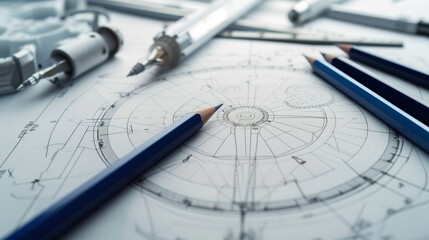 Close-up of an intricate architectural drawing surrounded by blue pencils and drafting tools. The composition emphasizes the precision and creativity involved in the design process, making it ideal