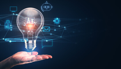 Hand presenting a glowing lightbulb with "AI" symbol and digital network icons on dark background.