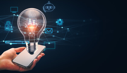 Hand holding a smartphone with an illuminated lightbulb symbolizing AI technology and interconnected icons on a dark background.