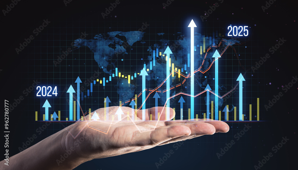 Aufkleber Digital graph with upward arrows and financial data on a virtual screen held by a hand, showcasing growth and progress.