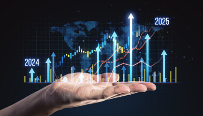Digital graph with upward arrows and financial data on a virtual screen held by a hand, showcasing growth and progress.