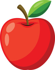 A simple, vibrant illustration of a shiny red apple with smooth curves and soft reflections on its surface. The apple has a small brown stem at the top, with a bright green leaf attached to it. The de