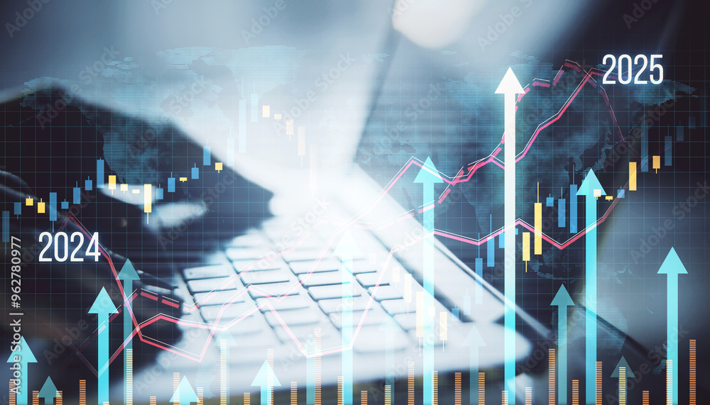 Aufkleber digital display of market growth with upward arrows and financial graphs for 2024 and 2025.